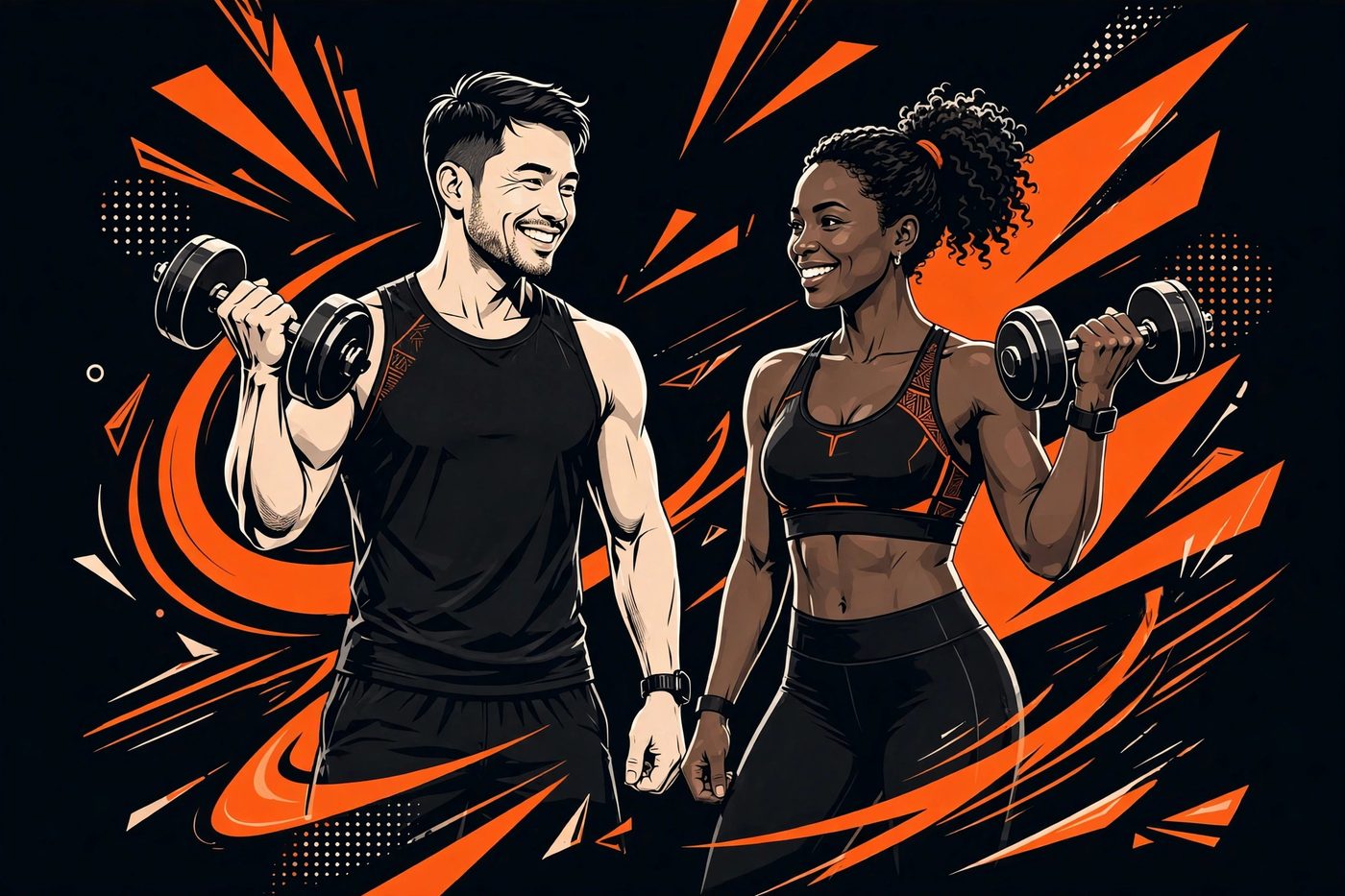 A smiling man and woman training together with dumbbells